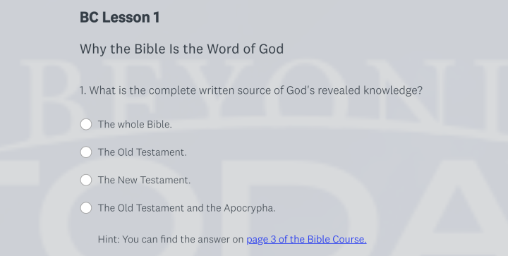 Screenshot of the first question in the quiz for Lesson 1 of the Bible Study Course. 