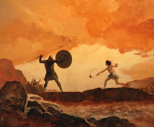 Artist illustration of David and Goliath fighting.
