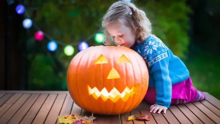 Pagan festivals have had a curious way of worming their way into Christianity over the centuries. A little girl looking side a carved pumpkin jack o latern